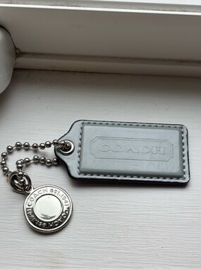COACH Blue/Gray Leather Keychain Tag with Silver Medallion